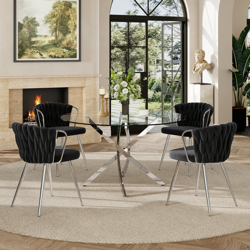 5 - Piece Round Glass Dining Set, 29.5"H x 47.24"L x 47.24"W, Black/Silver