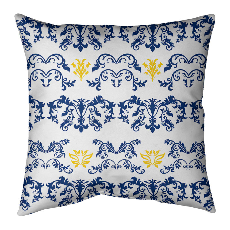 Damask Leather/Suede Reversible Pillow Cover, 18" x 18", Spun Polyester, White/Light Navy/Yellow
