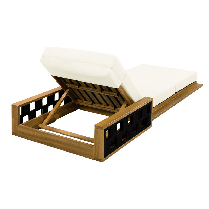 Acacia Wood Chaise Lounge with 4-Fold Beige Cushion - Teak Finish, 78.94" L, 4" Thick, 300 lbs Capacity, for Outdoor Patio, Poolside, Garden, Indoor Use - Adjustable Reclining, Modern Coastal Style