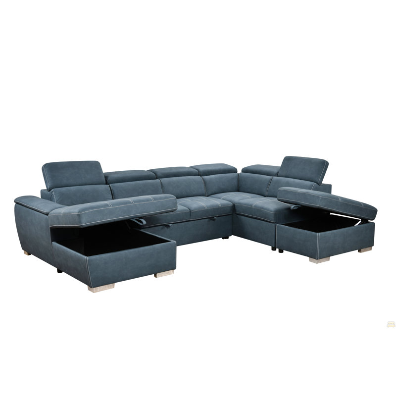 Canapé modulaire en U de 128 po avec repose-pieds et canapé modulaire réversible 7 places avec siège de rangement, ensembles de canapés de salon avec repose-tête réglable, bleu