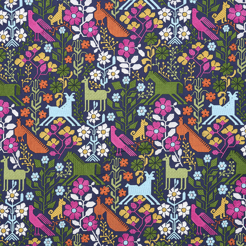 Lupita Embroidery Fabric, Pink/Green/Navy
