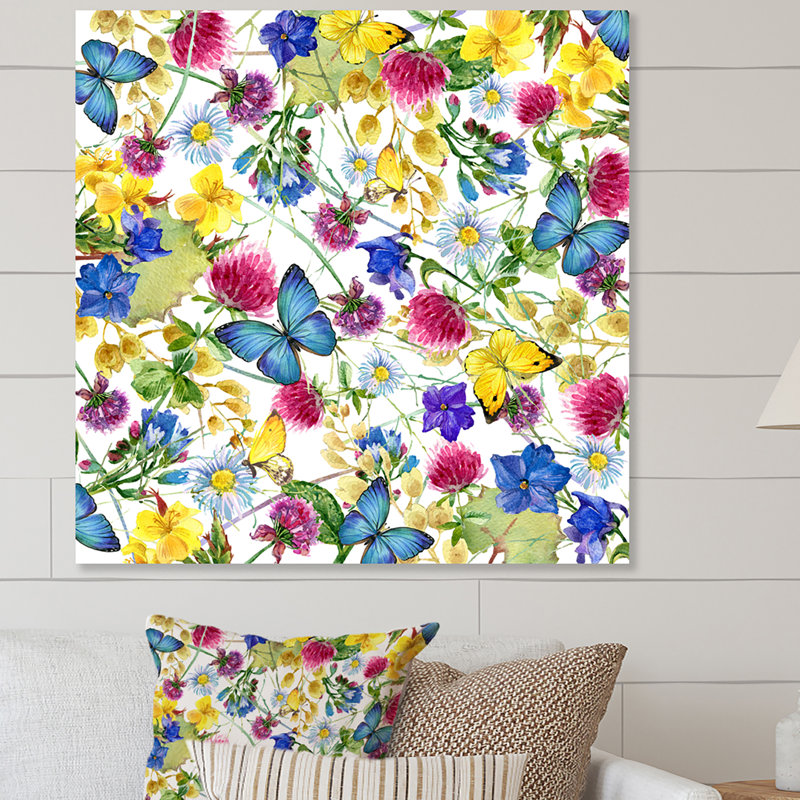 Herbes et fleurs avec papillon, H 16 po x l 16 po x P 1 po, Toile tendue