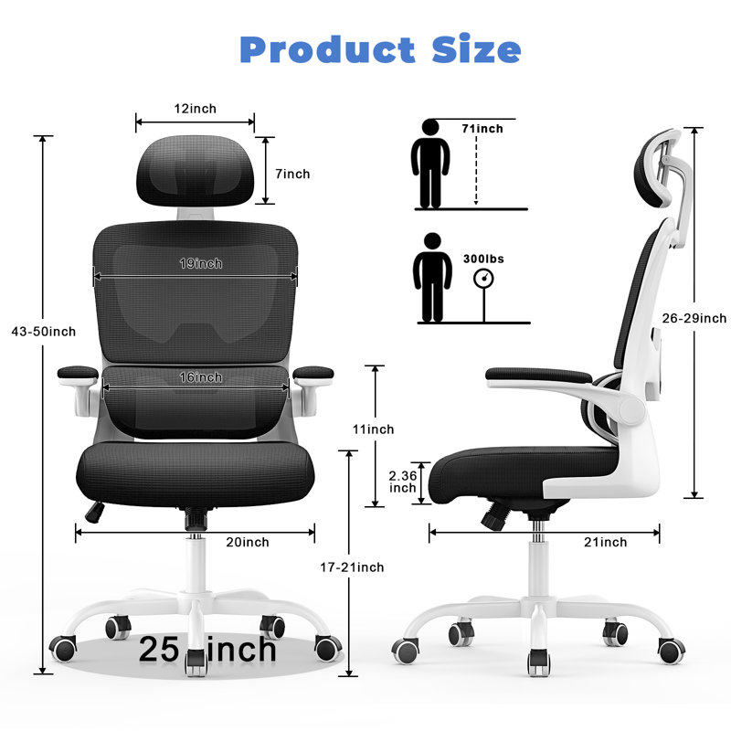 Motonobu Ergonomic Office Chair with Mesh Lumbar Support, Black, White