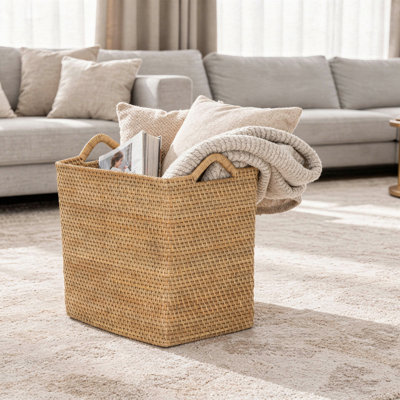 Panier de rangement rectangulaire en rotin avec poignées pour oreilles Simran, brun miel