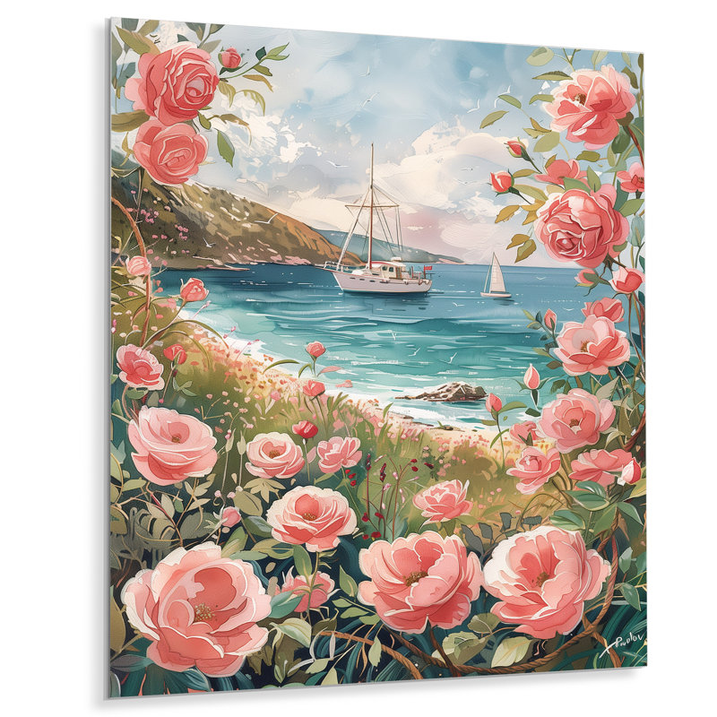  «Pink Rose Garden Coastal Beach - Art mural côtier, Métal métal, 44" H x 34" W