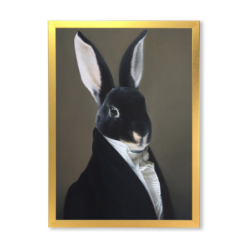 Portrait d'un lapin habillé - Peinture sur toile, H 20 po x l 12 po x P 1 po, Encadrement doré