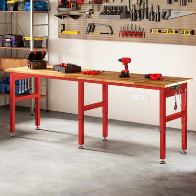  Alok Red Adjustable Heavy-Duty Workbench with Power Outlets, 6000 Lbs Capacity, Rubber Wood Top for Garage, Workshop, Office