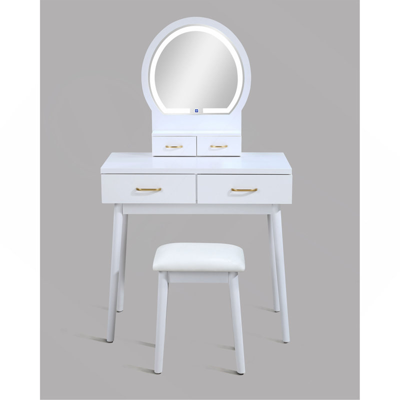 3Pc Vanity Table And Stool Set Built-In Led-Lit Mirror Matching Cushioned Stool Gold-Accented Handles Wooden Home Furniture