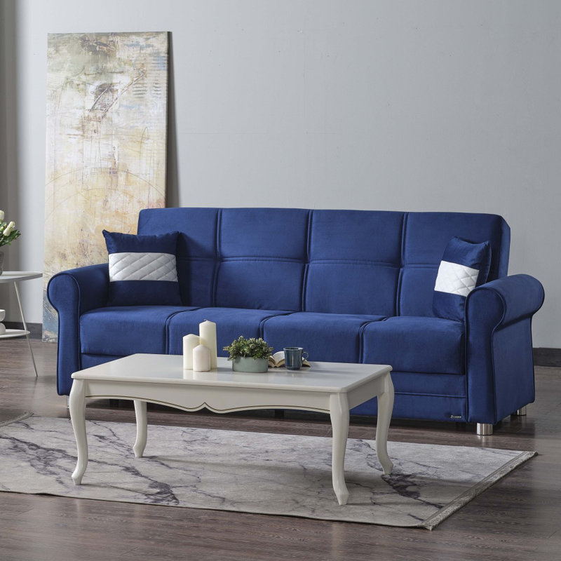Sara Fabric Upholstered 3-in-1 Sleeper Sofa Bed with Storage, Blue Microfiber, 36.61"H x 87.79"W x 33.46"D