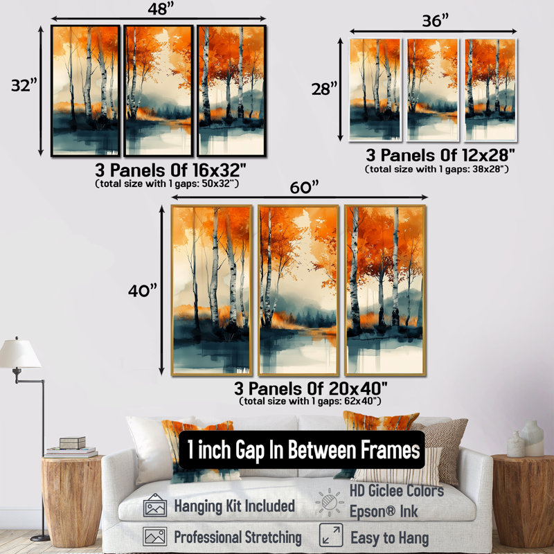 «Autumn Tree In Forest Panorama I», ensemble d'art mural forêt, Toile encadrée flottée blanche, H 32 po x l 48 po x P 1 po