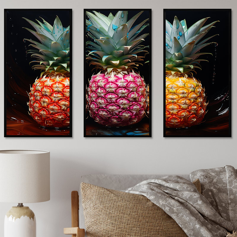 Neon Pinapple Nectar I - ensemble d'art sur toile ananas, Cadre flottant noir, H 40 po x l 60 po x P 1 po