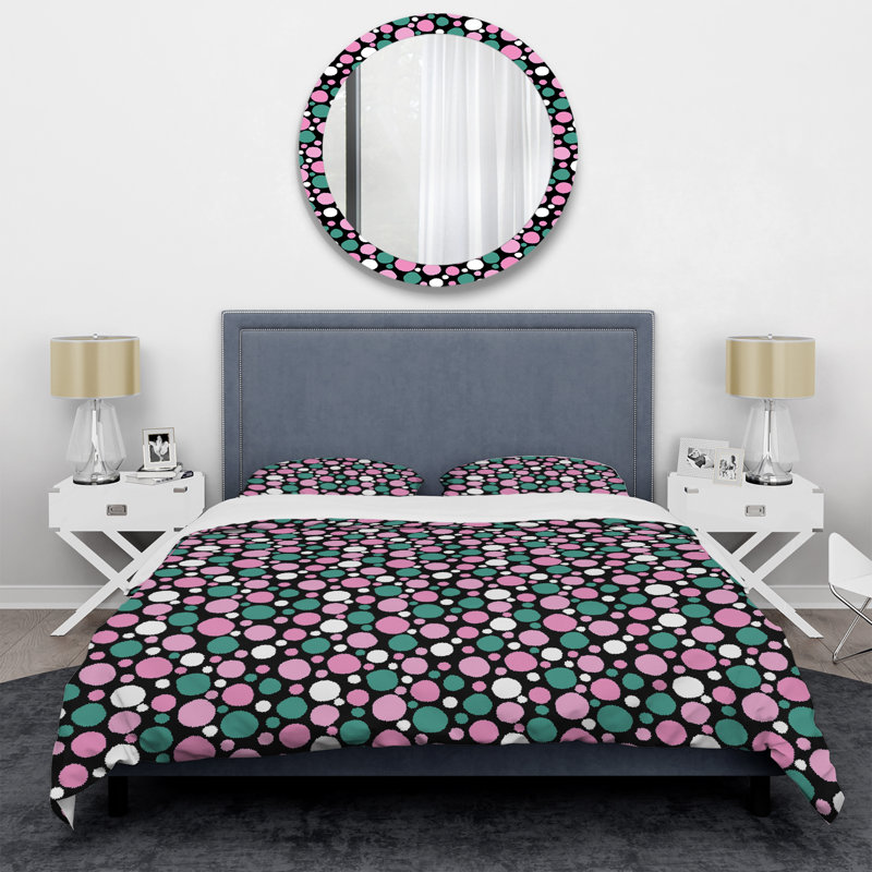 Green and Pink Circle Dots - Ensemble de housse de couette abstrait - Microfibre de polyester