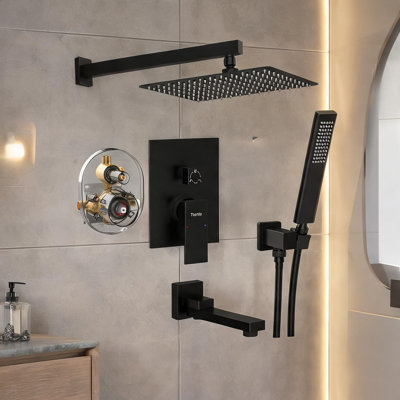 Jet black metal shower system with ceiling-mounted rain head and handheld spray, for a modern full-body spa experience