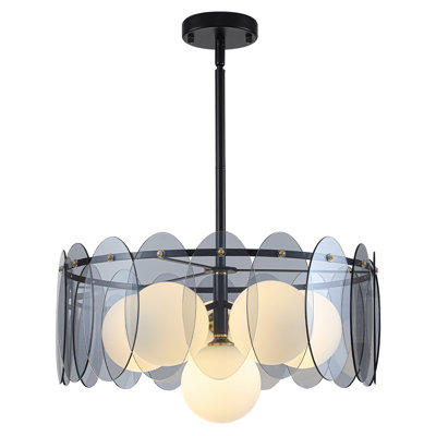 Lustre tambour 18 lumières 18,5 po moderne, noir mat et laiton avec verre gris fumé et globes givrés