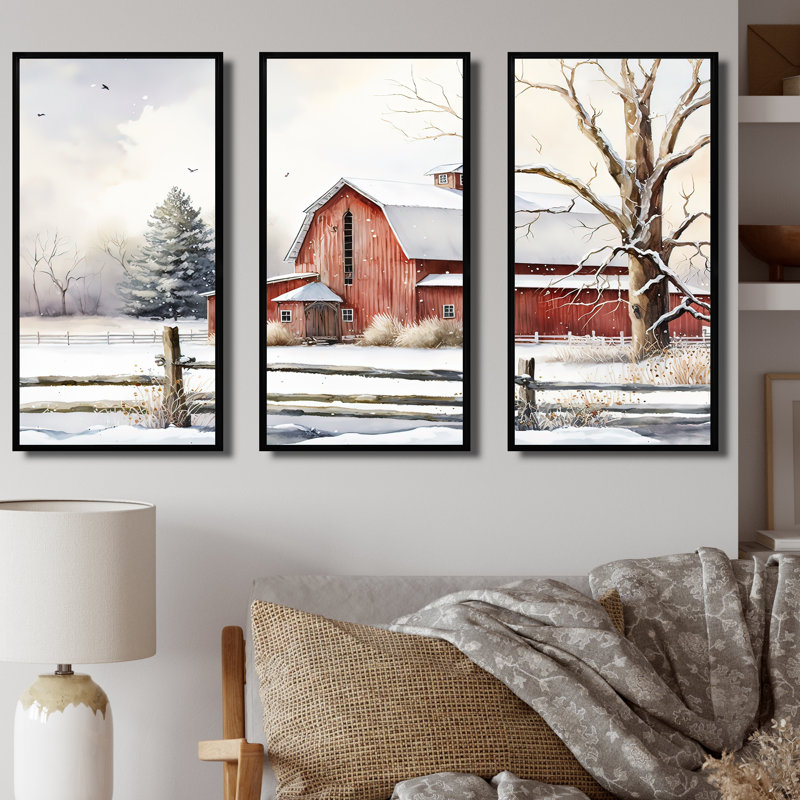 Calm Red Barn In Winter II - ensemble d'art mural sur toile Farmhouse, H 28 po x l 36 po x P 1 po, Cadre noir