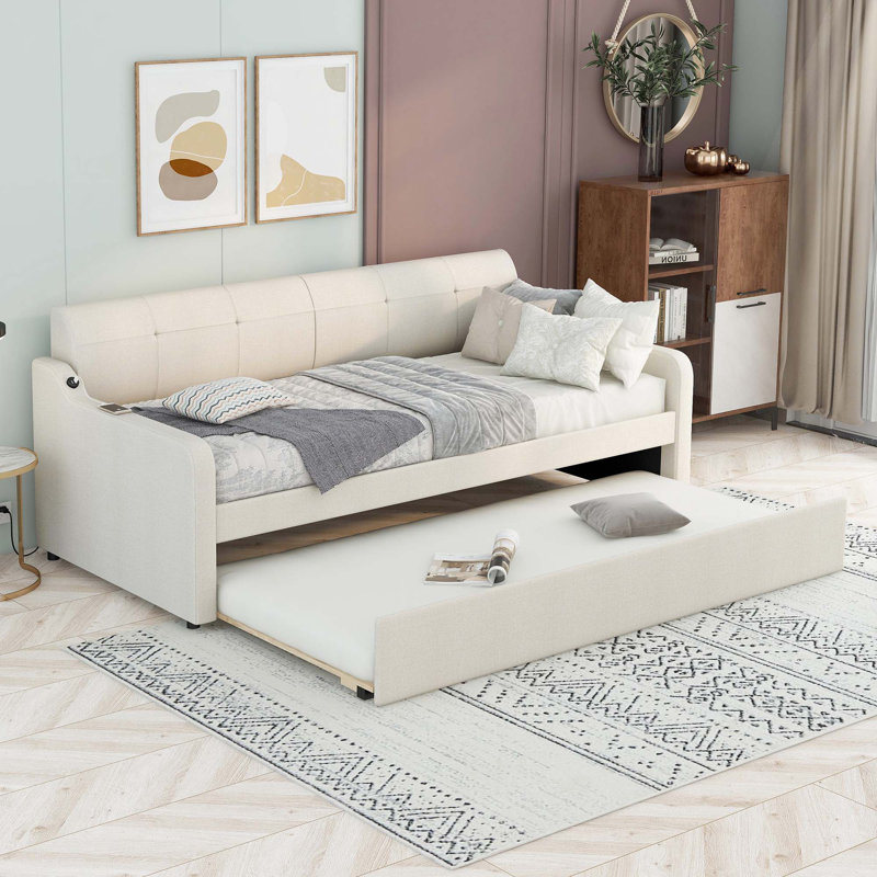 Twin Size Upholstery Daybed With Trundle And USB Charging Design,Trundle Can Be Flat Or Erected, Beige