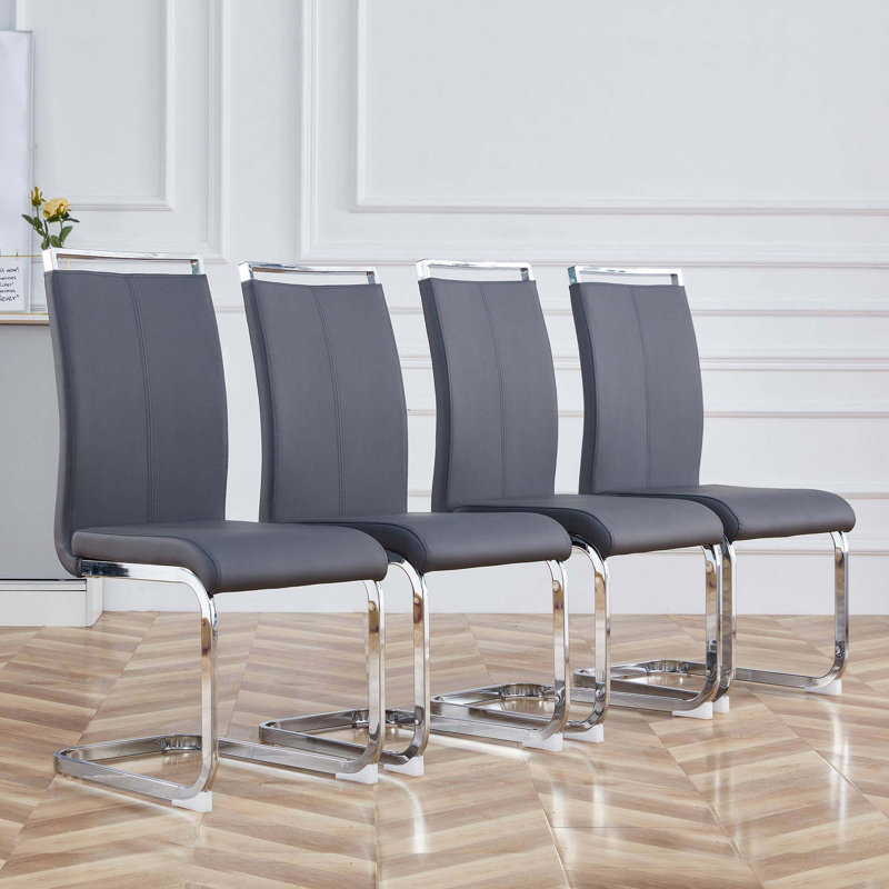 Chaise d'appoint moderne à dossier haut en similicuir (ensemble de 4), 4, Gris foncé, Argent argent