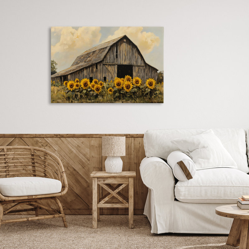 Grange sur toile de champ de tournesols, design par Franklyn Gregory, H 20 po x l 30 po