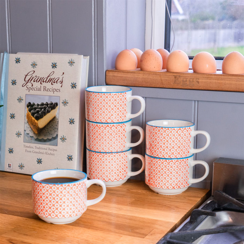 Nicola Spring - Hand-Printed Stacking Teacups - 260ml - Orange, 24