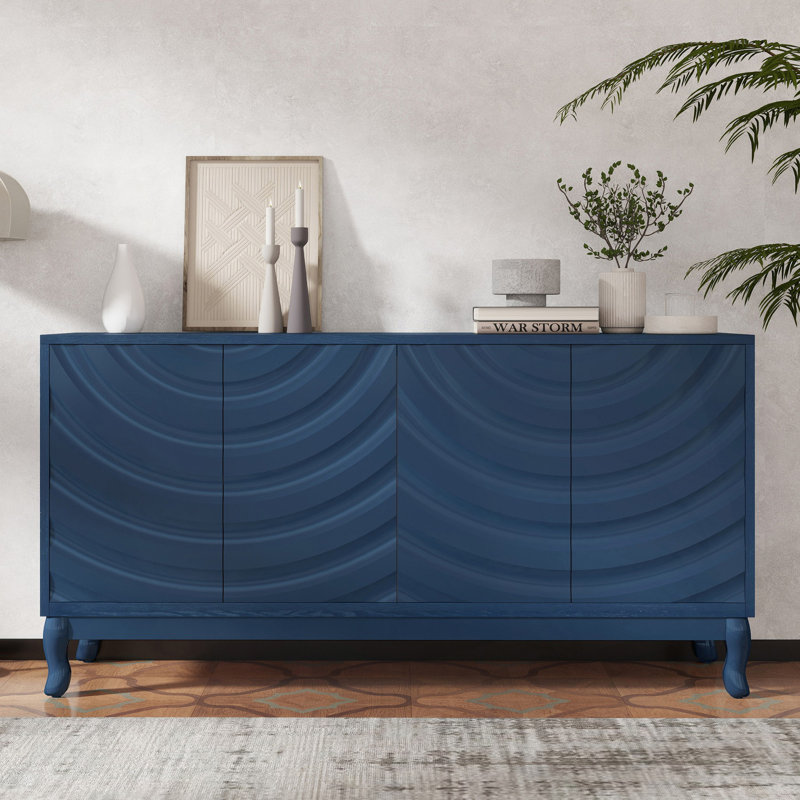Buffet élégant avec portes à motif ondulé, armoire d'appoint, Marine