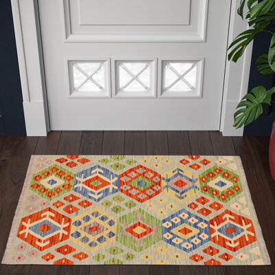 Tapis beige / orange / bleu en laine à motif géométrique rectangulaire à tissage plat 2 pi 9 po x 4 pi 2 po Aust