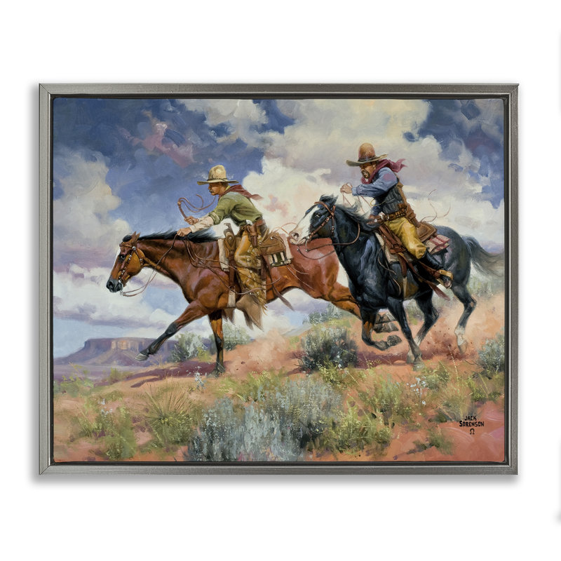 Trouble's A Comin 'Cowboys, H 25 po x l 31 po, Cadre flottant gris lustré