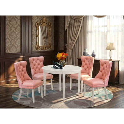 5 Piece Dining Set for Small Spaces Consists of a Round Kitchen Table and 4 Polyester Fabric Upholstered Parson Chairs, 42x42 Inch, linen white