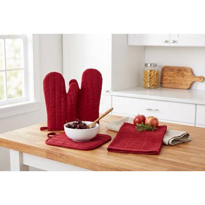4-Piece Red Kitchen Set with 2 Oven Mitts, 1 Pot Holder, and 1 Dish Towel - 100% Cotton Quilted Linens for Cooking and Baking - Heat Resistant