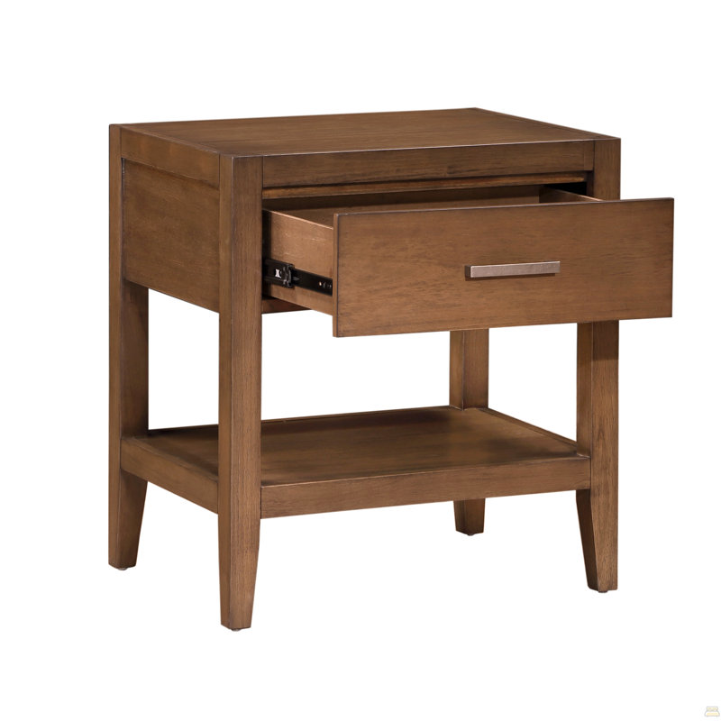 Table de chevet transitionnelle 1pc avec tiroir et tablette ouverte brun clair