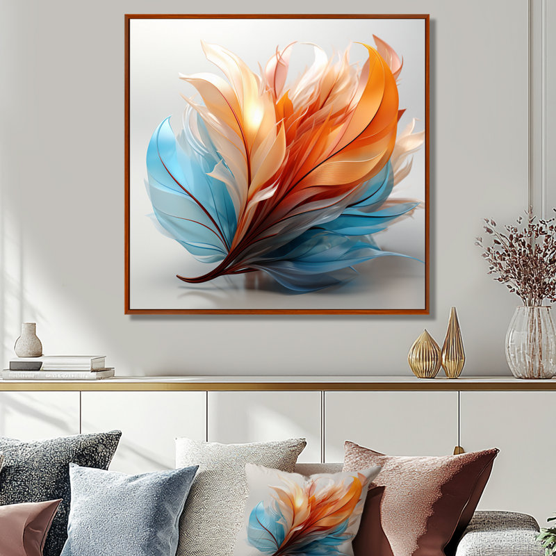 Fractal, plume d'ambre orange et turquoise I - art mural de plumes pour le salon, Reproduction avec cadre flottant, Brun