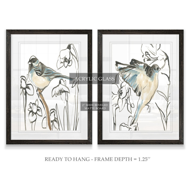 Songbird Meadow - ensemble de 2 peintures encadrées, H 20 po x l 16 po, Impression encadrée avec passe-partout, Ebony