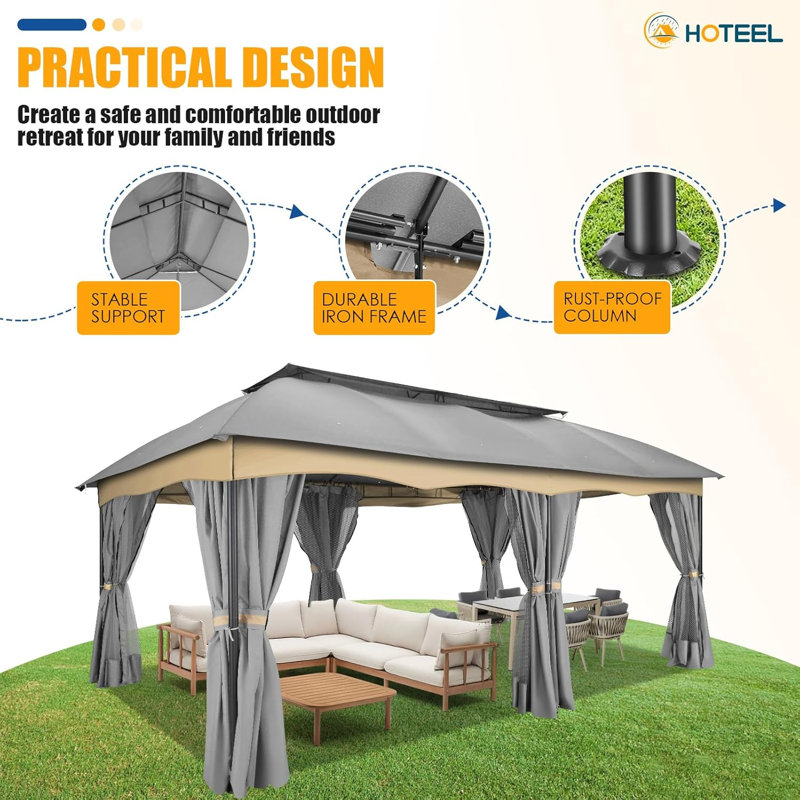 12X20 Heavy Duty Outdoor Patio Gazebo with Mosquito Netting and Curtains, Canopy Tent Deck Gazebo with Double Roofs and Metal Steel Frame for Party, Backyard, Deck, Garden