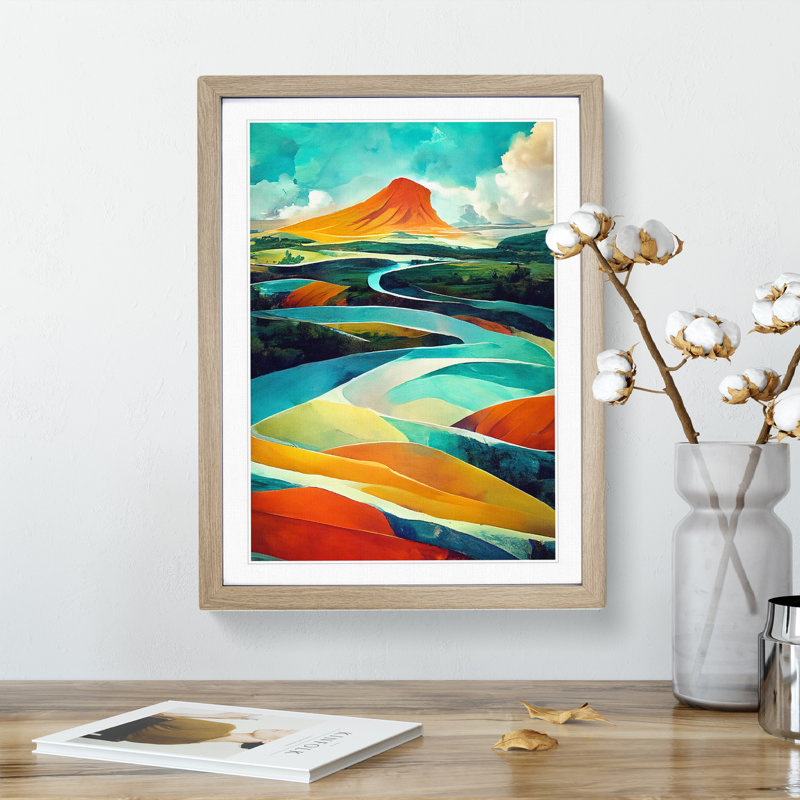 Abstract River Landscape No.1 - Wall Art, 36cm H x 27cm W, Oak Framed, White