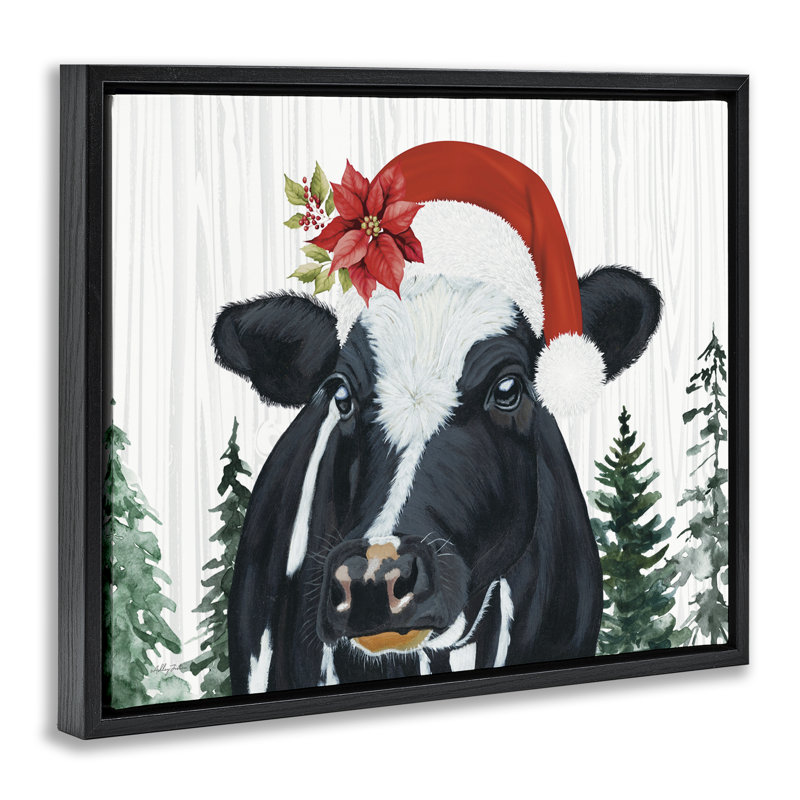 Cadre flottant portrait de vache chapeau de Noël, design par Ashley Justice, Cadre flottant noir de jais, H 17 po x l 21 po