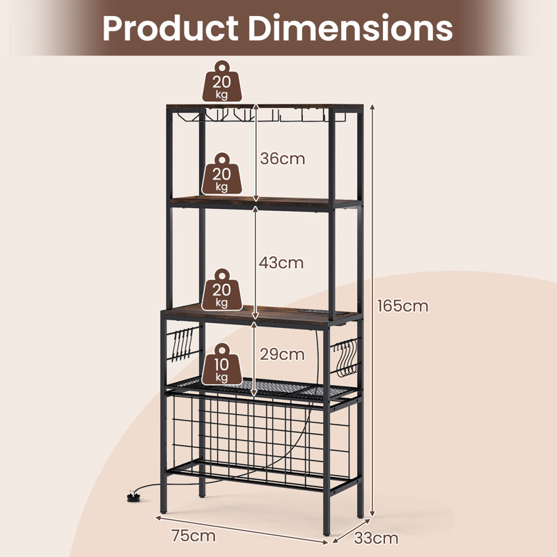 Wine Organizer Bar Multi-Tier Bakers Rack With Power Outlet-Brown