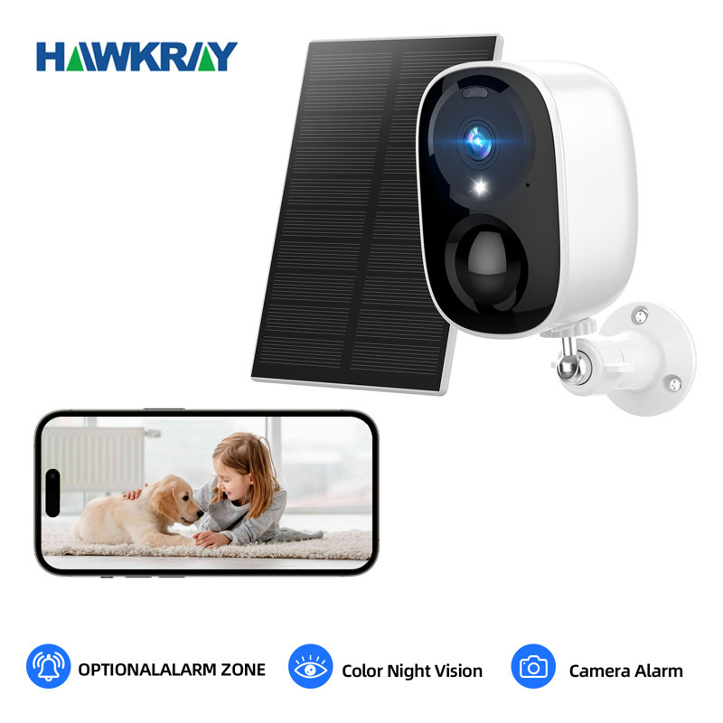 Caméra de sécurité solaire Hawkray - résolution 2K, WIFI 5G / 2,4G, alarme projecteur / sirène, vision nocturne couleur 3mp, moniteur double lumière blanche / infrarouge, étanche IP66