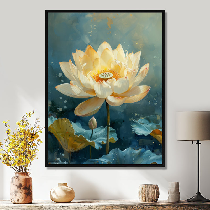 Étang de lotus beige et bleu au printemps, Cadre flottant noir, H 30 po x l 40 po