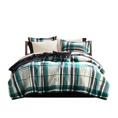 9 Pcs Full Microfiber Comforter With Teal/Black Plaid Design, Including Comforter, 2 Shams, Pillow, Flat Sheet, Fitted And Pillowcases, Proof, - Pcs, Full, Bedding Ensemble, Matching Solid Sheets, ,