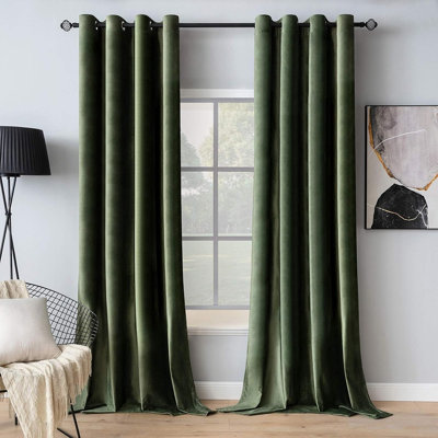 Olive Green Velvet Blackout Curtains, 2-Panel Thermal Insulated Sound-Reducing Grommet Window Drapes