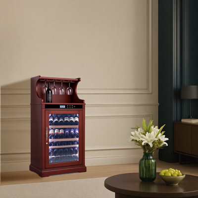 Freestanding Wine Cabinet, Stylish Wine Cooler With UV-Resistant Glass Door, LED Light & Storage Rack