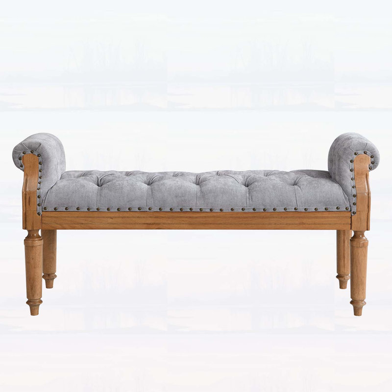 Banc rembourré Mid-Century en bois massif avec accoudoirs roulés, repose-pieds capitonné pour la chambre à coucher et le vestibule, gris