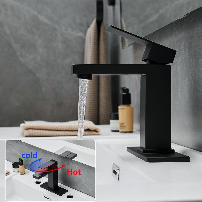 Contemporary Bathroom Faucet, Matte Black Waterfall, Deck Plate, Pop Up Drain, Supply Lines, One Handle , Geometric Shape, Side , Cartridge Valve, Tap Modern Sink Faucet In Black, Waterfall Effect,