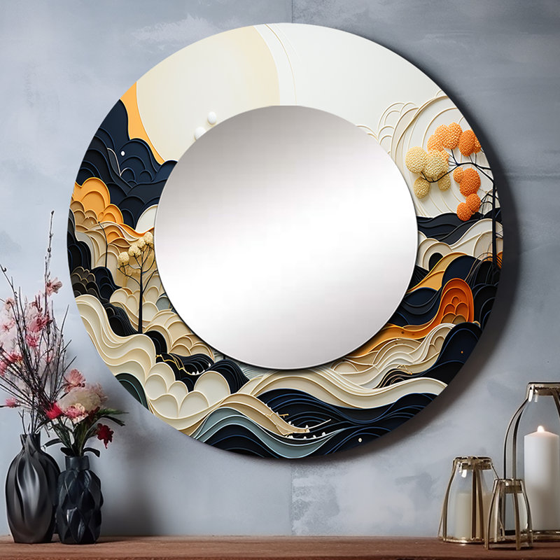 Grey Orange Line Art Landscape - Abstract Line Round Mirror Wall Decor, 36 po x 36 po