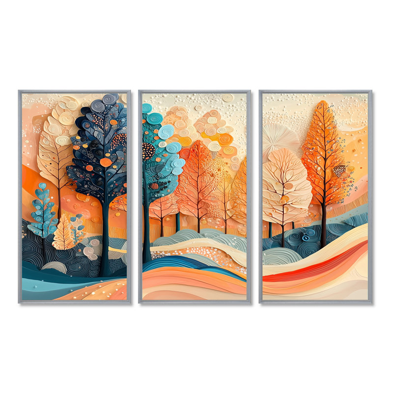 «4 Seasons Forest Trees Dream Fragments I», art mural sur toile, 3 panneaux, H 40 po x l 60 po, Argent argent