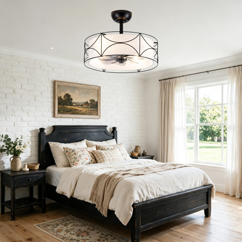 Ventilateur de plafond moderne de 50 cm (20 pouces) avec éclairage, 6 vitesses, pour chambre à coucher. Ventilateur de plafond avec cage en tissu.