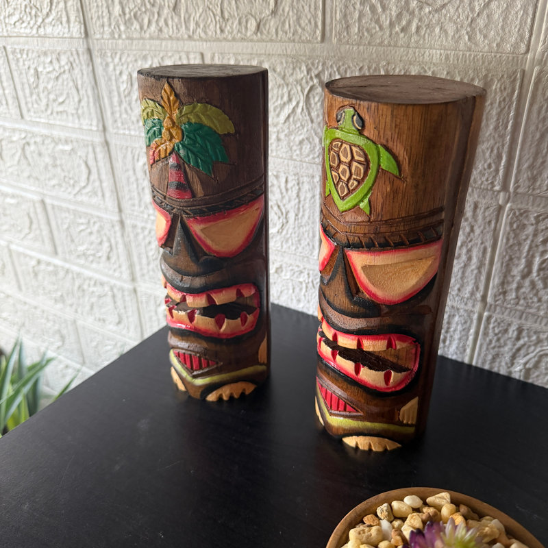 Ensemble de 2 statues tropicales tiki en bois brun sculpté à la main, tortue et palmier, 8 pouces de haut