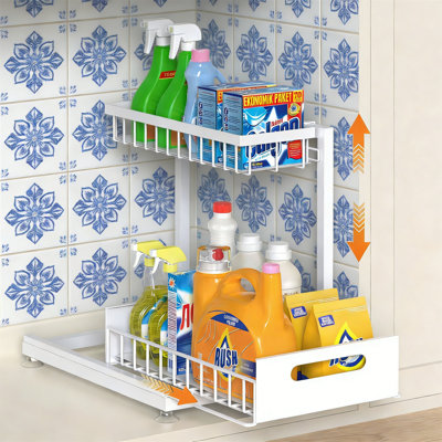 2-Tier Metal Under Sink Organizer, Adjustable Pull-Out Drawer, White, 1-Pack