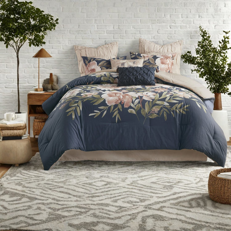 Navy Cotton Bedding Sets, 8 Piece Queen Comforter Set With Floral Design