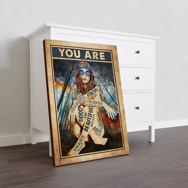 «Free Spirit» - Toile tendue avec châssis You Are Gallery, motif de décoration électrique pour fille, beige et bleu