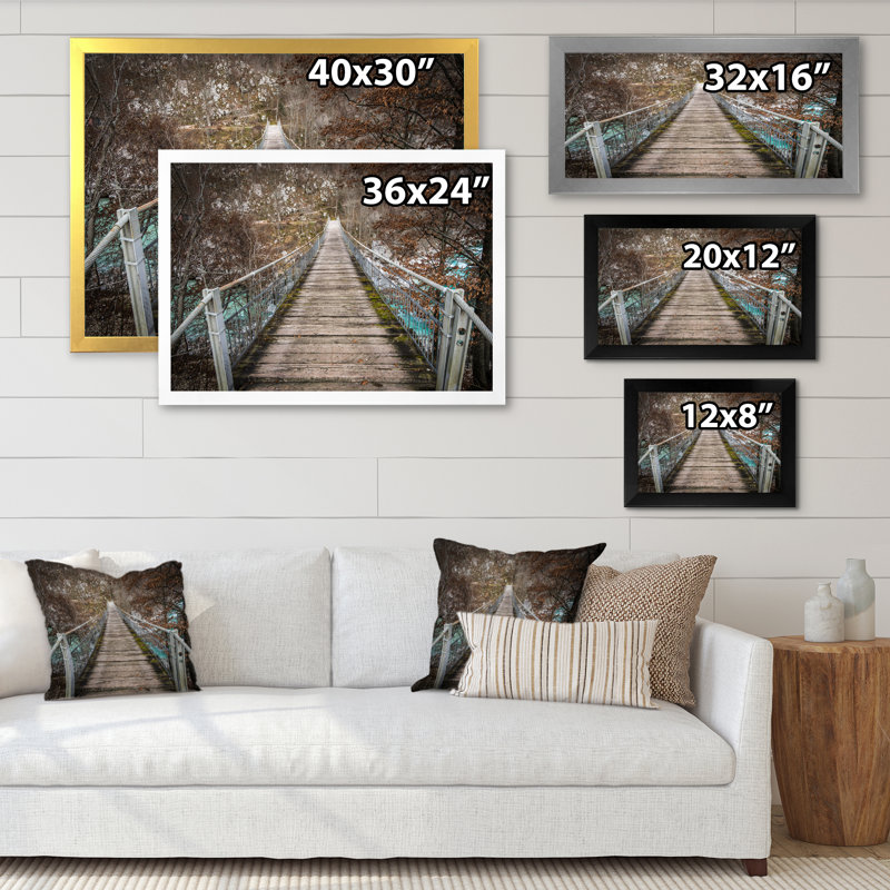 Mystic Bridge in Turquoise River - reproduction d'art sur toile, H 16 po x l 32 po x P 1 po, Toile argentée avec cadre photo